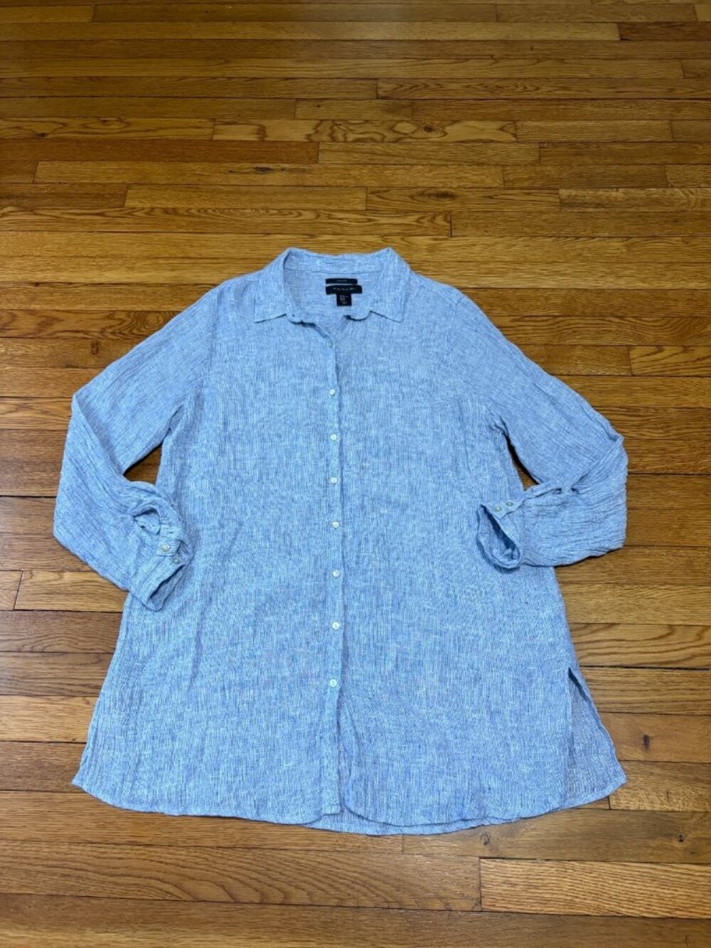 Tahari Womens 100% Linen Button Up Shirt Dress Siz XL Heathered Blue Long Sleeve